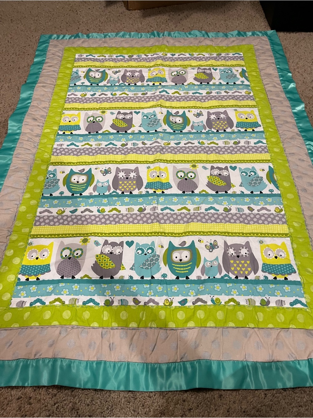 Quilted Owl Baby Blanket - Teal, Lime, Gray, White -